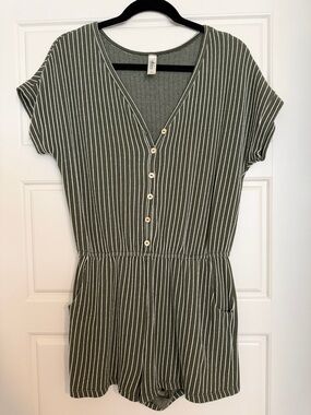 Mahina Olive Green Striped Button-Front Short Sleeve Romper